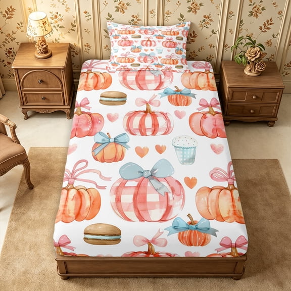 Erosebridal Pumpkin Sweets Twin Fitted Sheet 2 Pieces,Cute Fall Bedding,Light Blue,1 Fitted Sheet and 1 Pillowcase