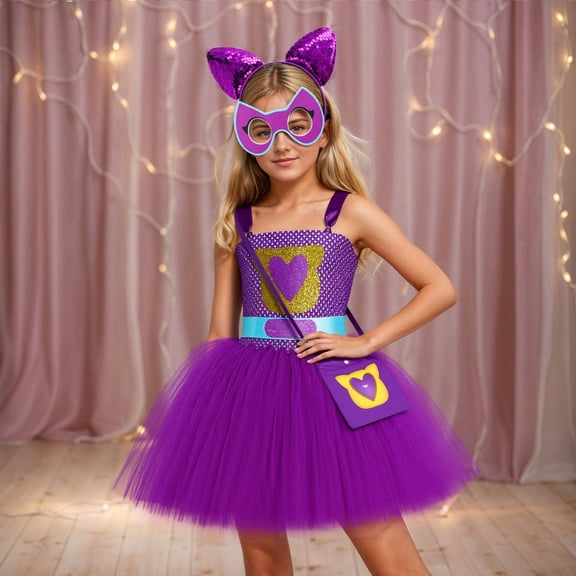 Girls Cute Cat Superhero Tutu Dress – Versatile 4-Piece Party Outfit for Kids in Sizes XS to XXL, Soft Polyester cosp^lay Cos-tume Set