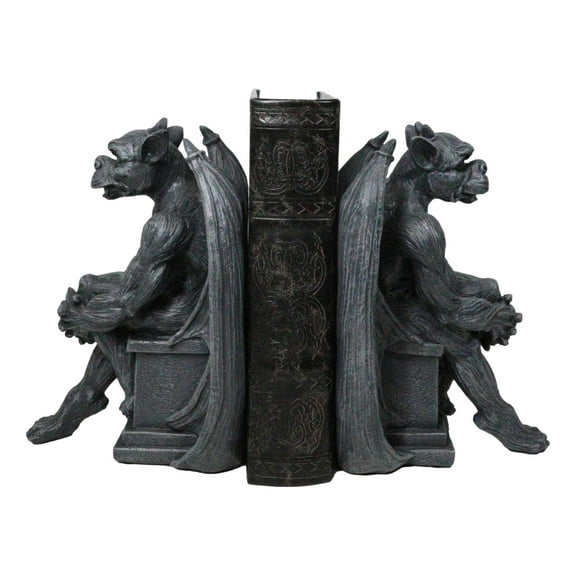 Gothic Warden of The Night Gargoyle Sentries On Pedestals Bookends Figurine Set