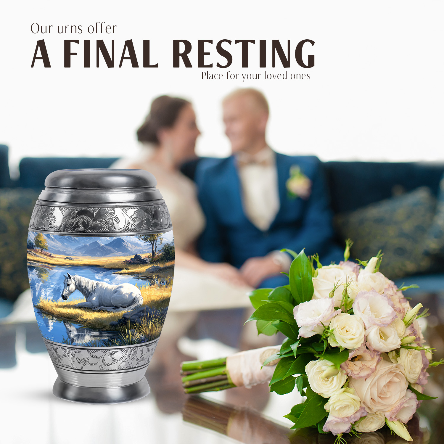 JAGASY Horse Memorial Urn for Ashes Adult Male, Blue Keepsake Small Urns for Human Ashes, Mountain Trees Decorative Urns for Daughter, White Horse Mini Cremation Urn for Son, (3 Inch)