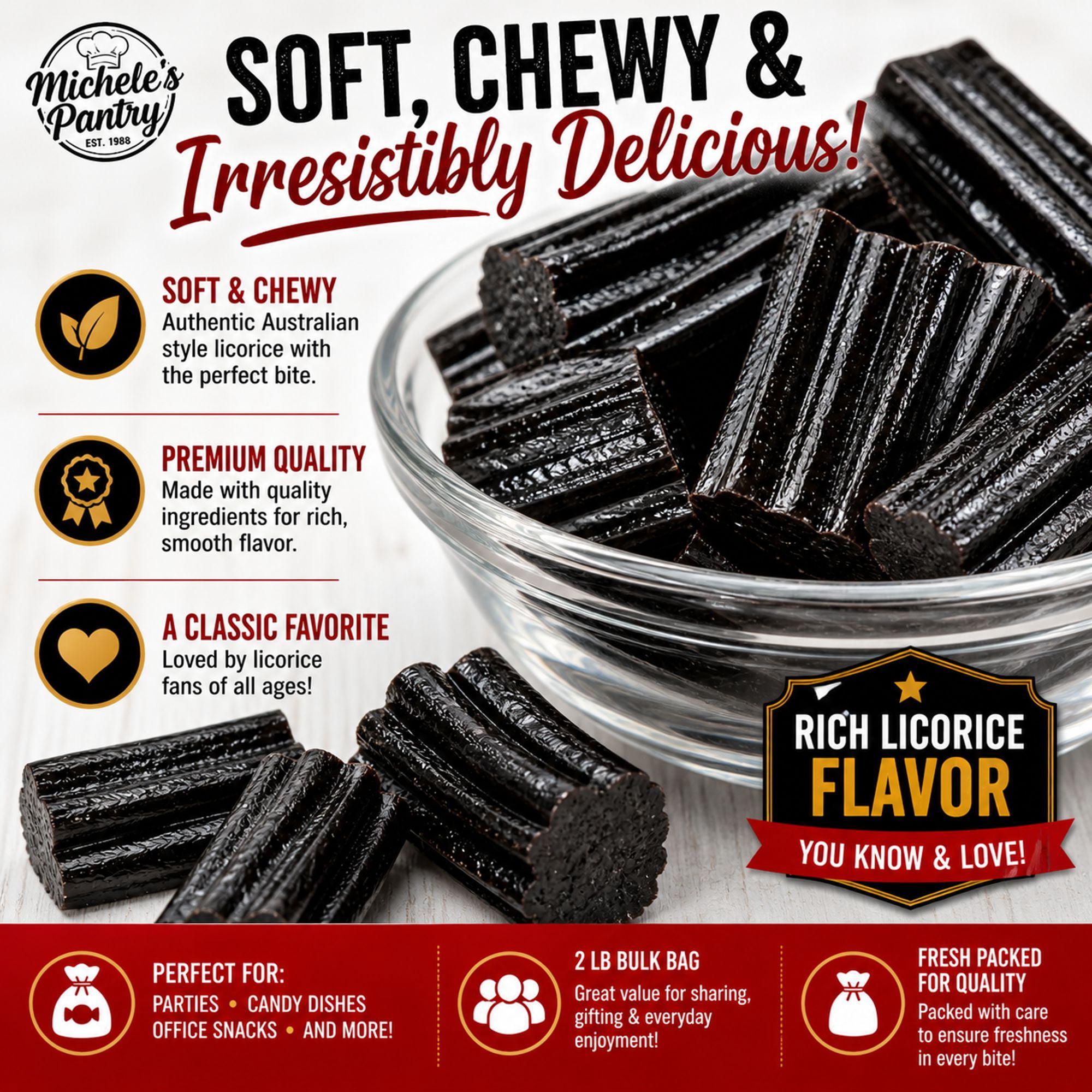 Michele’s Pantry Soft Australian-Style Black Licorice Nibs, 2 lb Bulk Bag, Vegan