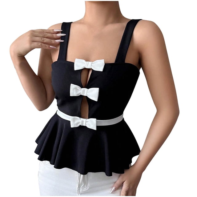 Wo-Fusoul Débardeur Sans Manches pour Femmes avec Nœud Contrasté, Débardeur à Col Rond pour Femmes, Blouse Confortable et Extensible pour Usage Quotidien et Maison