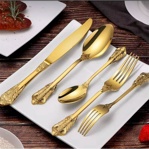 ELiTA Essentials 20-Piece Gold Flatware Set, 304 Stainless Steel Silverware, Royal Modern Luxury Cutlery and Tableware Set