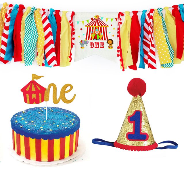 High Chair Banner Cute Circus Theme Birthday Banner with Cone Hat & Cake Topper