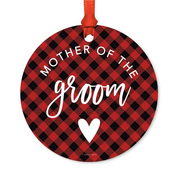 Family Wedding Metal Christmas Ornament, Mother of the Groom, Red Plaid, Includes Ribbon and Gift Bag