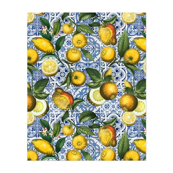 Vintage Blue Tiles And Lemons - Collage Lemon Mediterranean Kitchen Decor Fruit Pattern Botanical Floral Unframed Wall Art Print 8 x 10 inches
