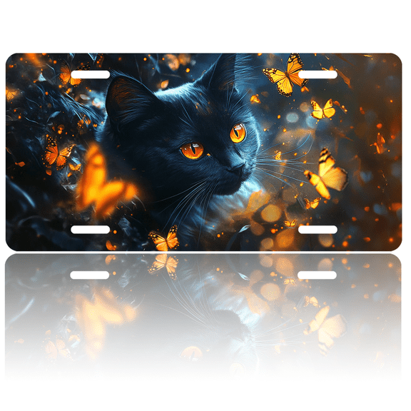 1 Pcs License Plate Covers & Frames, Black Cat with Butterflies For Decorative Front, Waterproof For Decoration Aluminum License Plate Covers & Frames Cover For Men Women, 12" X 6"