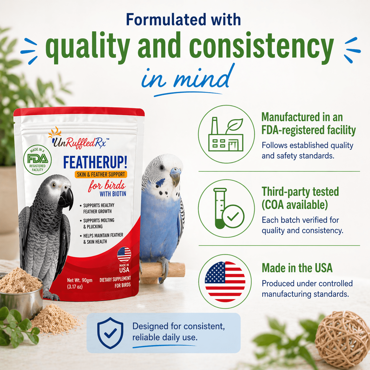 UnRuffledRx FeatherUp! Feather Growth Supplements for Parrots, 90 gm, 240 Count