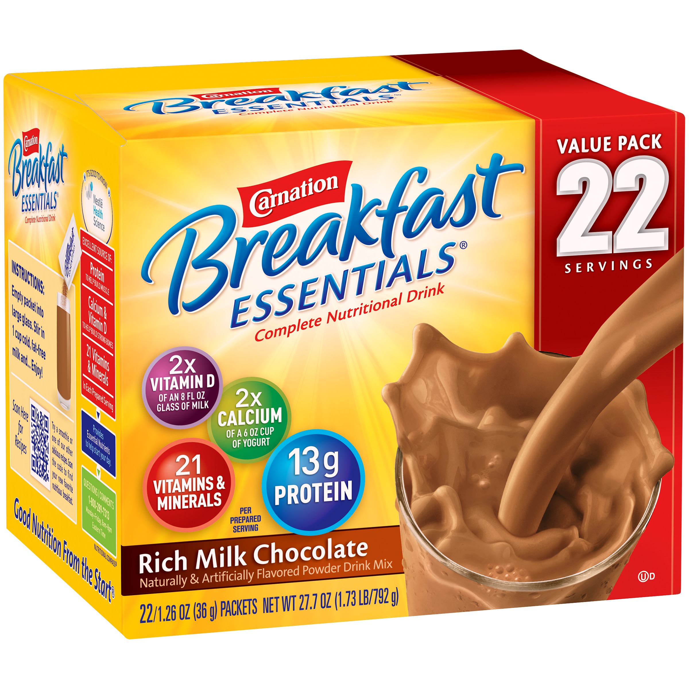 Carnation Breakfast Essentials Powder Protein Nutritional Shake Drink Mix Packets, Rich Milk Chocolate Breakfast Shake, 22 Count