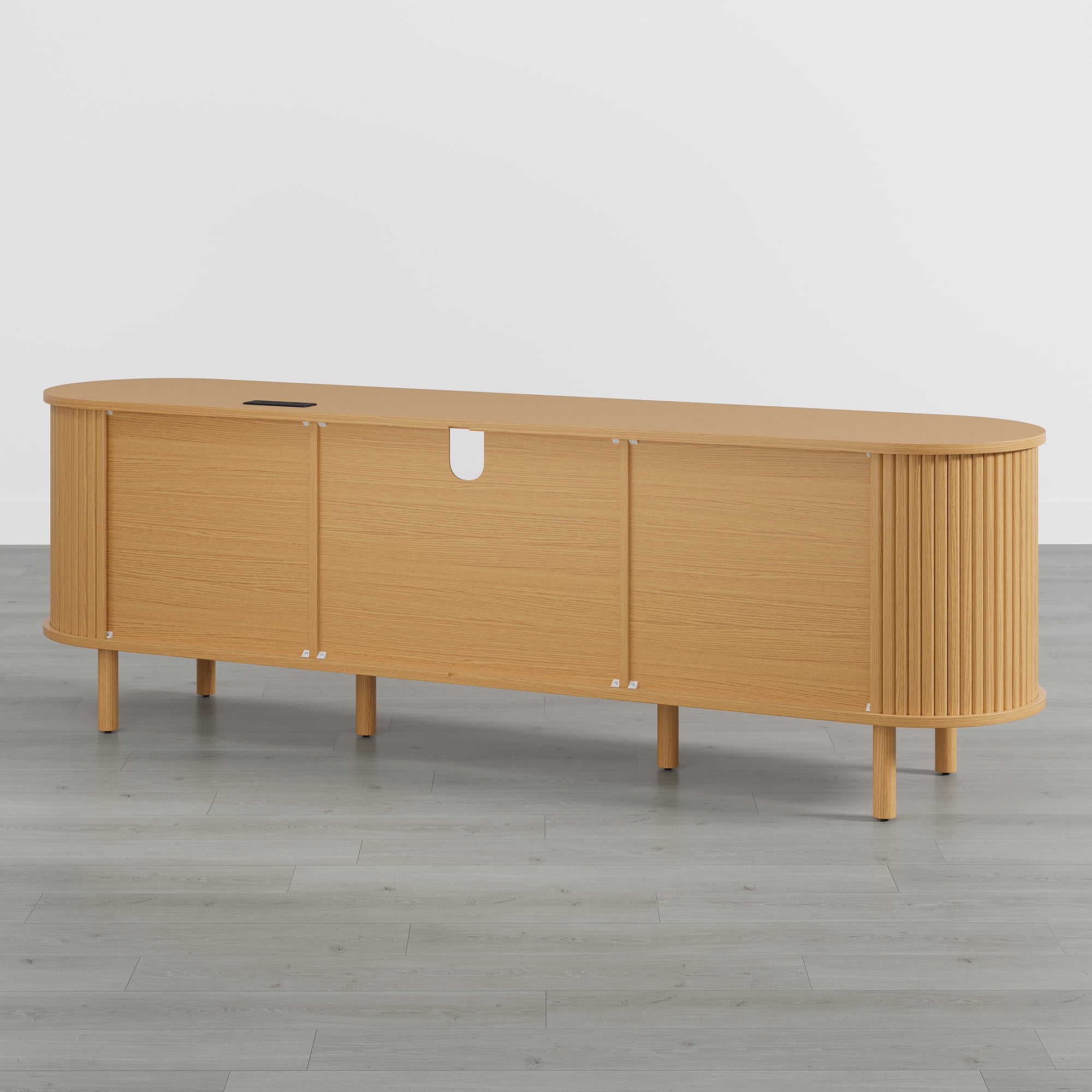 Spruce & Spring Tambour TV Stand with Power Outlet, Mid-Century Modern Entertainment Center, Rattan Drawer & Fluted Sliding Doors, Solid Wood Legs & Cable Management, Oak, for TVs up to 80 Inch