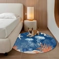 thumbnail image 3 of Summer Ocean Round Living Room Rugs 3.3 ft, Coastal Jellyfish Orange Corals Shells Dark Blue Washable Area Rug with Non-Slip Sturdy Edge Binding Round Front Door Mat Floor Carpet for Entryway, 3 of 9