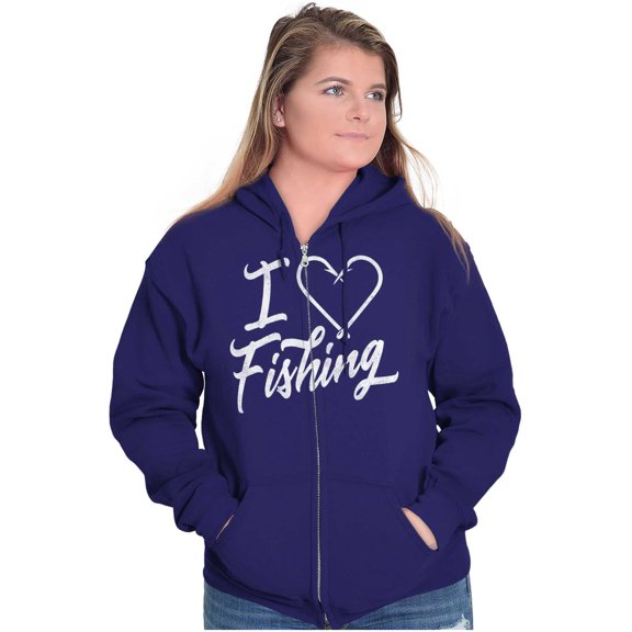 I Love Fishing Hook Heart Cute Cool Zip Hoodie Sweatshirt Women Brisco Brands 2X