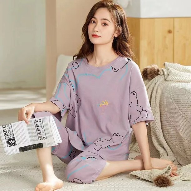 Verano de manga corta de dibujos animados lindo dulce estilo coreano ropa para el hogar traje de princesa ropa de dormir de mujer siete medio pantalón