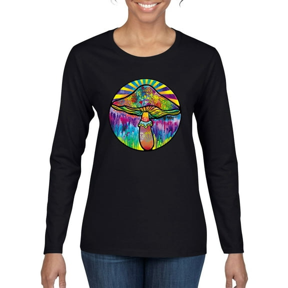 Wild Bobby Colorful Mushroom Retro Puff Print Fashion Womens Graphic Long Sleeve Tee, Black, Small