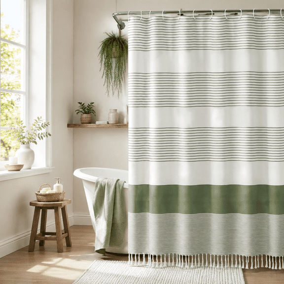 Striped Shower Curtain, Boho Shower Curtains for Bathroom, Farmhouse Shower Curtain, Fabric & Green Shower Curtains for Bathroom, Linen Tassel Waterproof Bath Curtain
