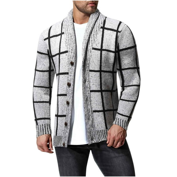 TFEOQRY Men's Sweater Coat Vintage Check Design Cardigan Pocket Button Knit Sweater Jacket Gray