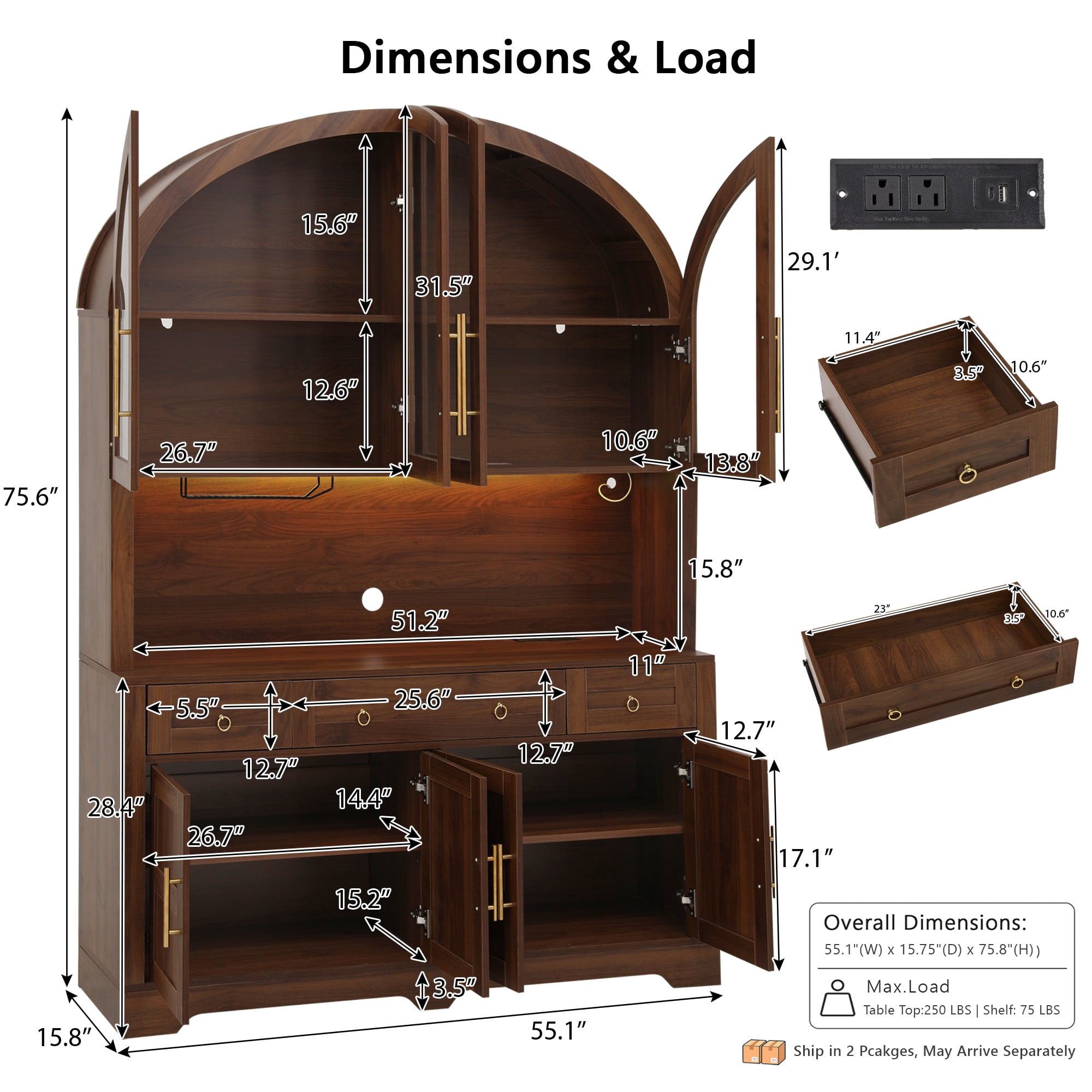 Aukfa 75.6" Large Tall Kitchen Pantry Cabinet with Hutch, Arched Glass Doors, Built-In Charging Station & Smart LED Light,Walnut