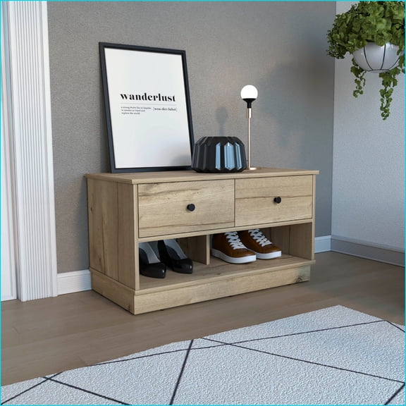 Storage Bench with 2 Drawers & 2 Open Shelves, 35.8W x17.9D x19.9H for Living Room Entryway | Light Oak | Particle Board