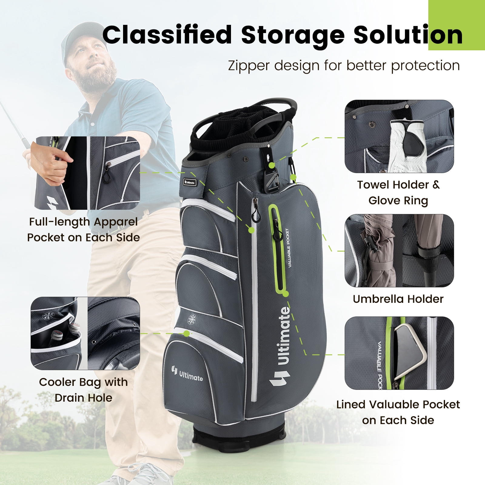 Topbuy 15-Way Golf Cart Bag Golf Club Bag with 15 Ways Organizer Divider Top 7 Zippered Pockets Cooler Bag Umbrella Holder Rain Hood Grey + Green