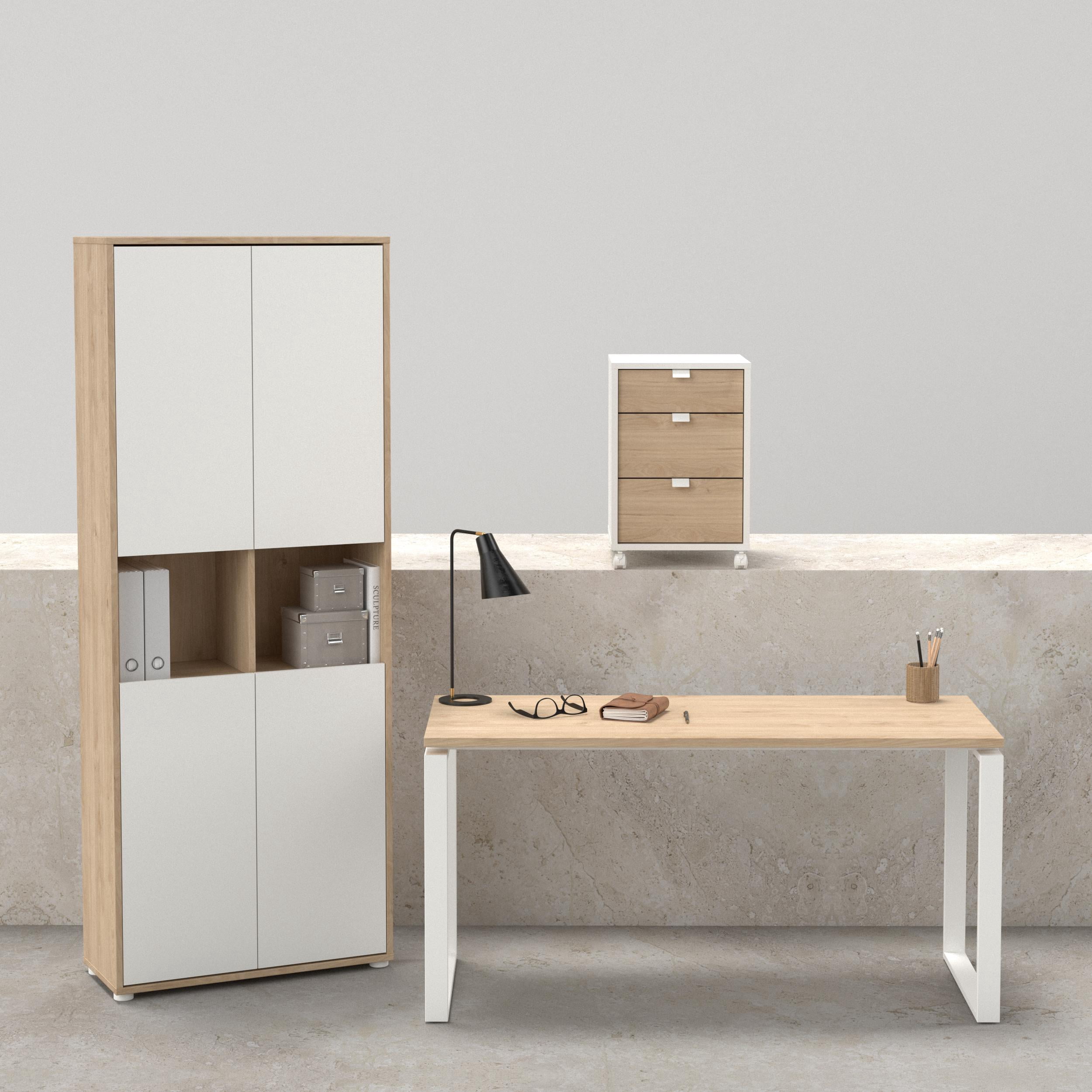 Tvilum Sign 3-Piece Home Office Set with Desk, Large Storage Cabinet and Mobile Storage, Jackson Hickory and White