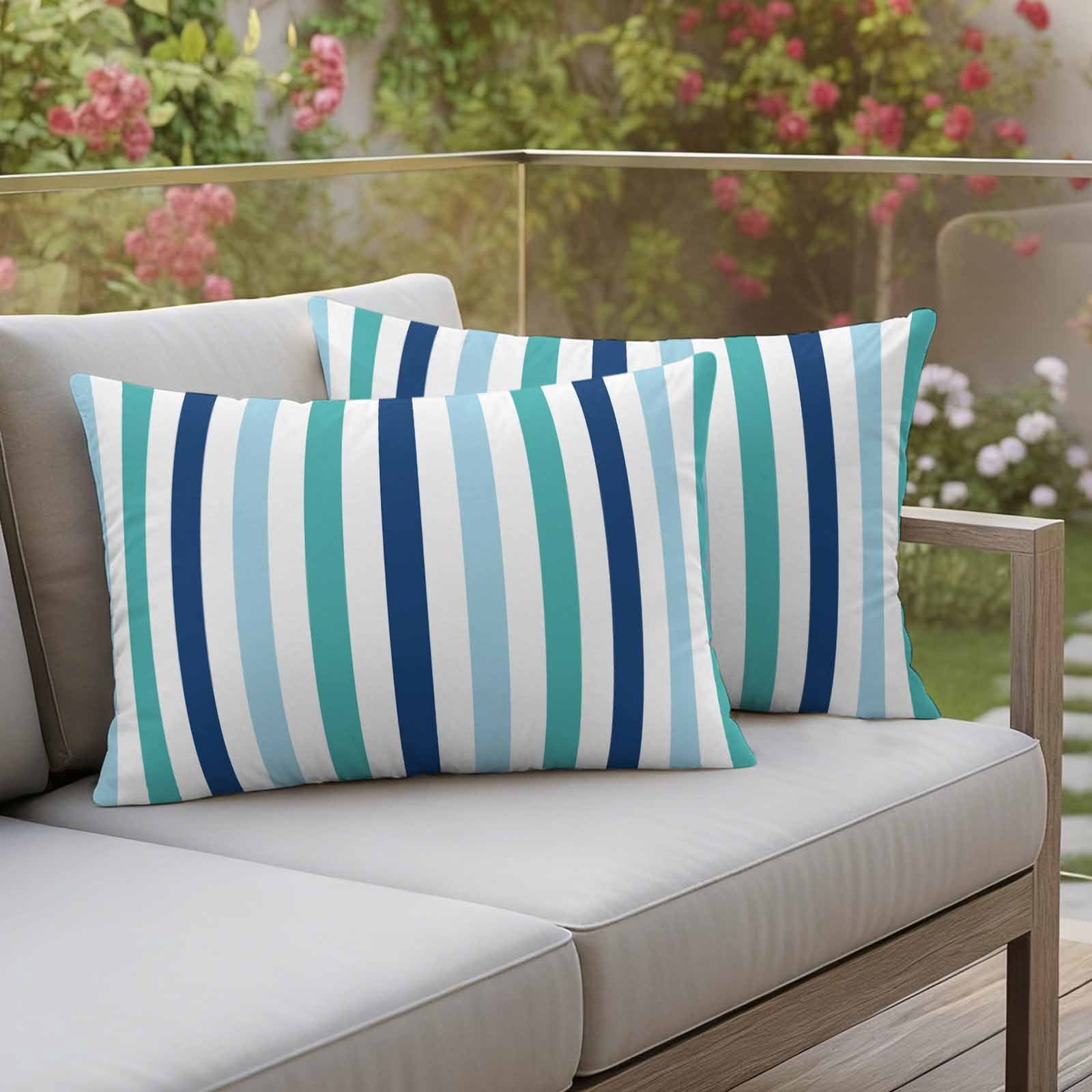 Teal Blue Stripe Outdoor Waterproof Pillow Covers, Ombre Geometric Green Vertical Striped Decorative Rectangle Throw Pillowcase Sofa Cushion Sham for Patio/Couch/Chair, 20"x12" 2 Pack