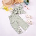 thumbnail image 2 of Vunhao Fashionable Toddler Girls' One-Shoulder Ruffled Short Sleeve Striped Two-piece Set with Straight Pants, Comfortable for Daily Wear,Green,Size 1 T, 2 of 3