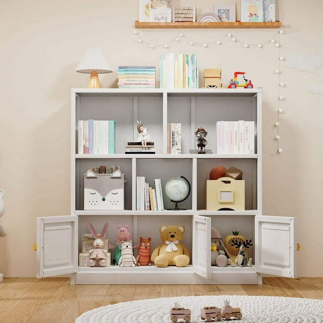 Metal Kids Bookcase Shelf Storage Cabinet with 3 Doors and 5 Open Cubbies Black White