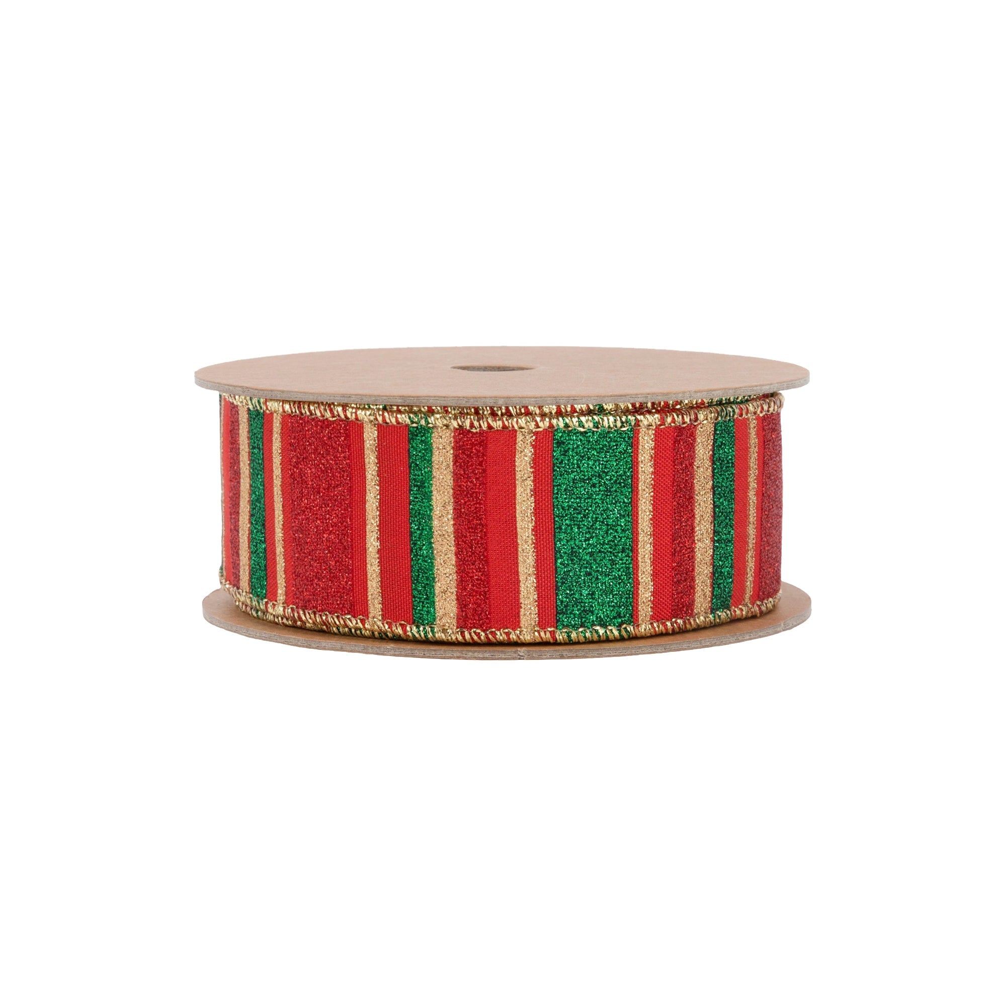 LaRibbons 1 1/2" Wired Ribbon, Red, Green, Gold Horizontal Glittered Stripes on Red, 10 Yard Roll