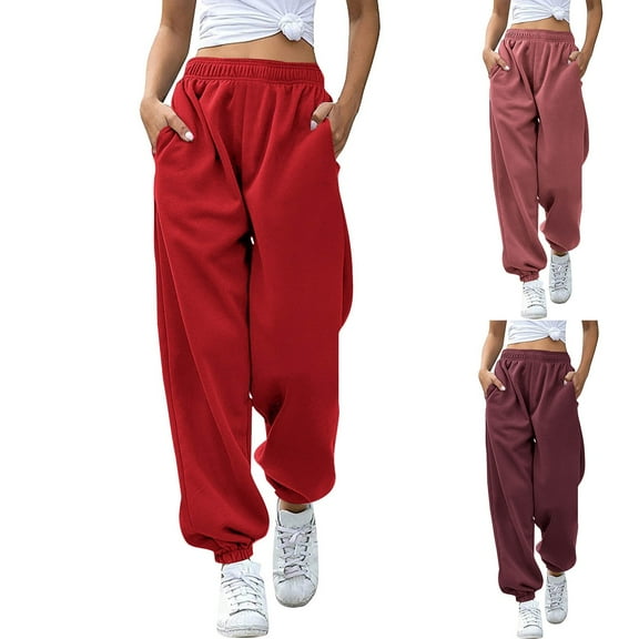 BiZtdJrK Women's High Waisted Sweatpants Baggy Workout Active Joggers Elastic Bottom Sweat Pants Fall Trousers with Pockets Red L