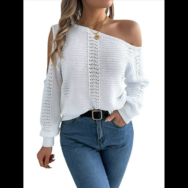 Tops de Crochet para Mujer, Suéteres con Hombros Descubiertos, Ropa de Playa de Punto Calado de Larga de Verano XL