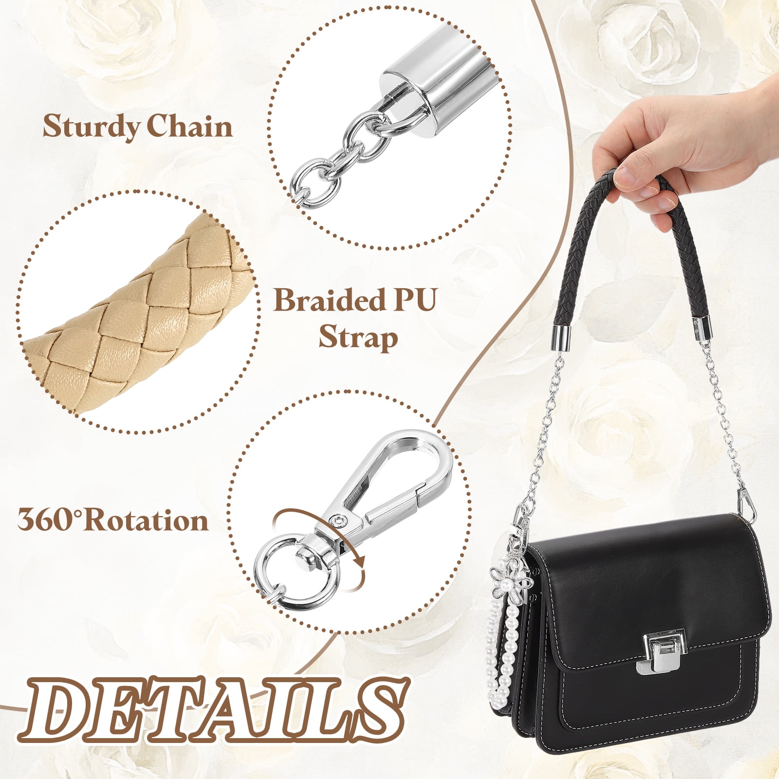 Uxcell 2 Pcs PU Leather Chain Purse Strap, 23.6 Inch Braided Purse Handles Replacement Strap with Pearl Pendant for Tote Bag Handbag Underarm Bag (Beige, Silver Chain)