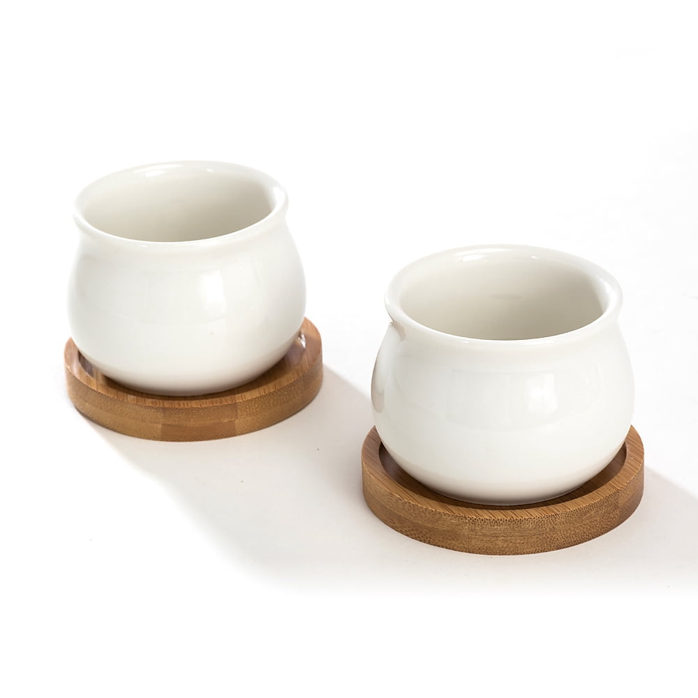 K-Cliffs White Jar Shape Design Ceramic Pots with Bamboo Tray, Set of Pot - 2.75L x 2.75W x 2H inches; Bamboo Saucer - 3.2L x 3.2W x 0.5H inches