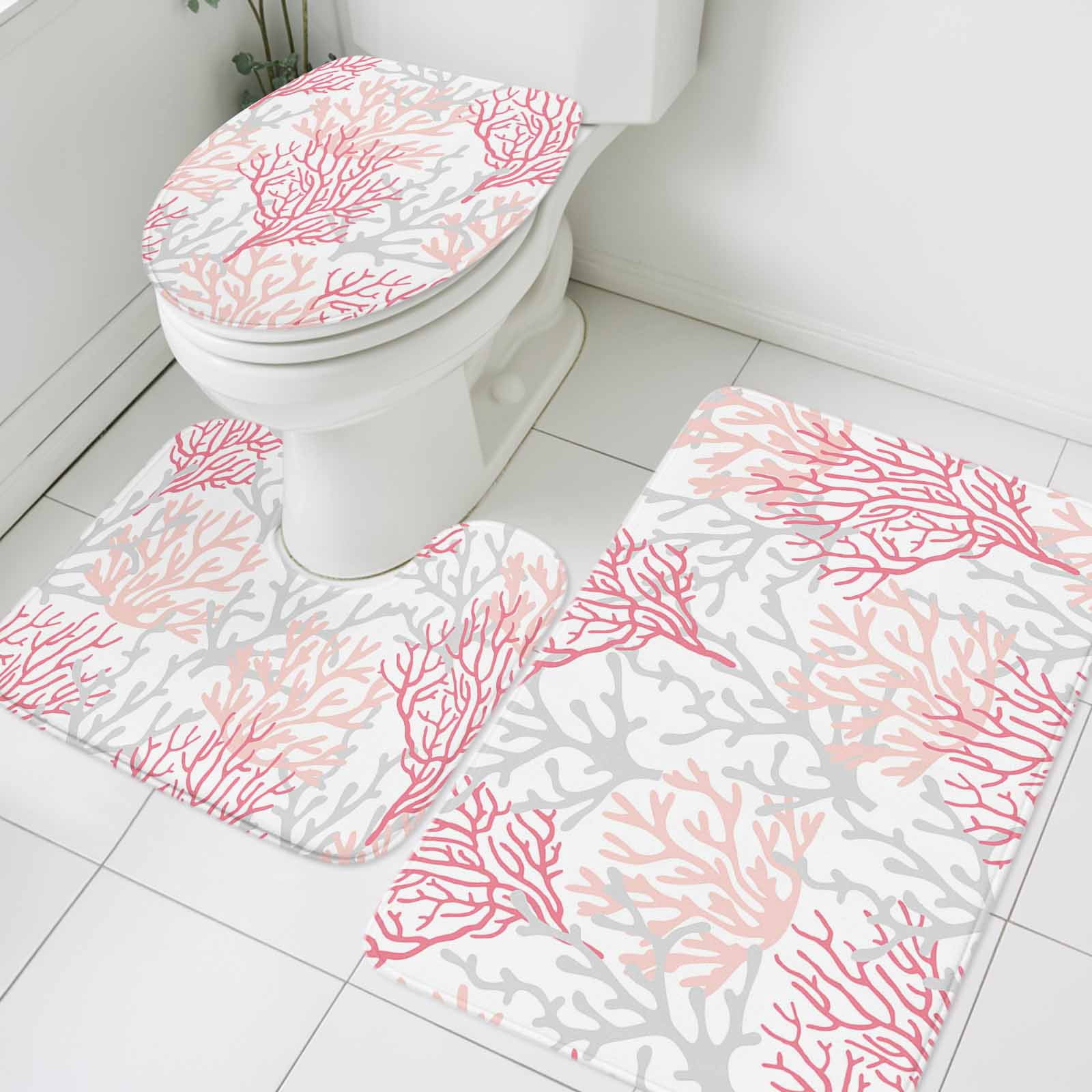 Pink Grey Coral Coastal Bath Mat 3 Piece Bathroom Rug Set, Summer Beach Seaside Nautical Non Slip Bath Rug Contour Mat and Toilet Lid Cover, Absorbent Shower Mats Soft Bath Rugs and Mats Sets