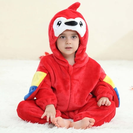 Lopecy-Sta Baby Zipper Romper with 3D Parrot Hood and Wing Accents Warm Fleece Winter Suit 6-24 Months