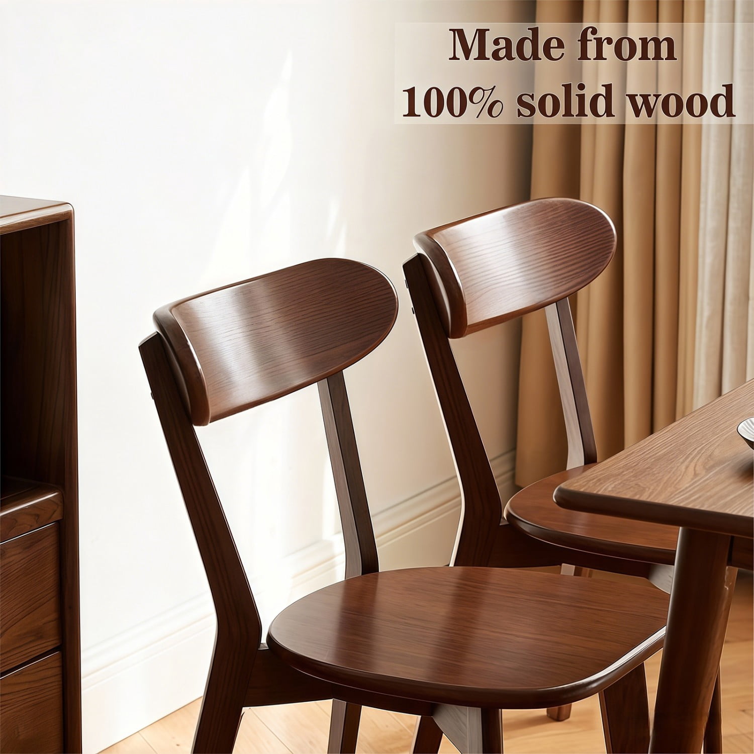 100% Natural Solid Wood Dining Chair Mid Century Modern Kitchen Chair with Curved Backrest Adjustable Foot Pads Walnut Dining Room Living Room Study Chair, Walnut