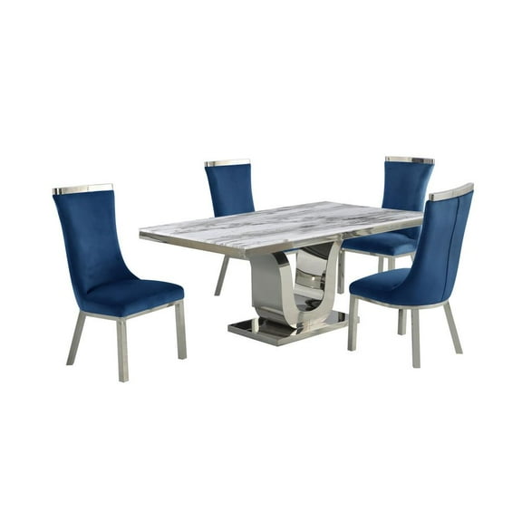 White Marble 5pc Dining Set with Silver Stainless Steel and 4 Chairs
