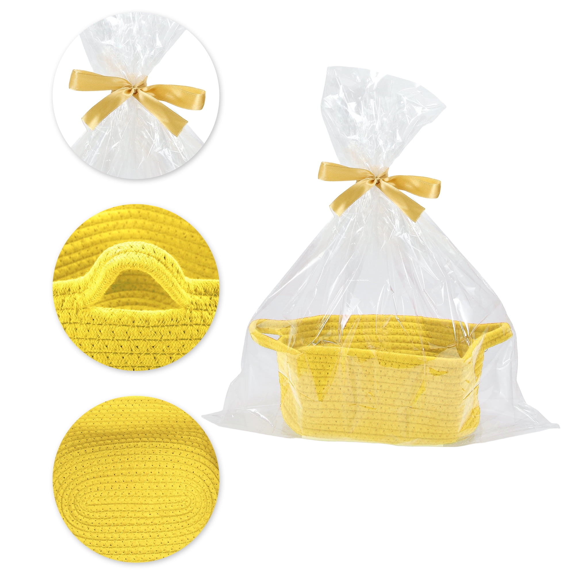 Unique Bargains Woven Empty Gift Decorative Basket with Gift Bag and Ribbon Yellow