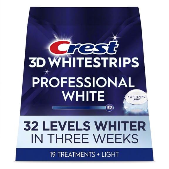 Crest 3DWhitestrips at Home Teeth Whitening, Professional White, 32 Levels Whiter, 19 Treatments, 38 Strips