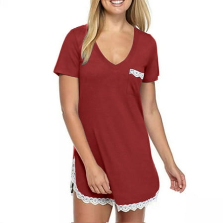

Follure Women s Sexy Sleep Shirt Pocket Dress V-Neck Sleeve Lace Trim Soft Nightshirt