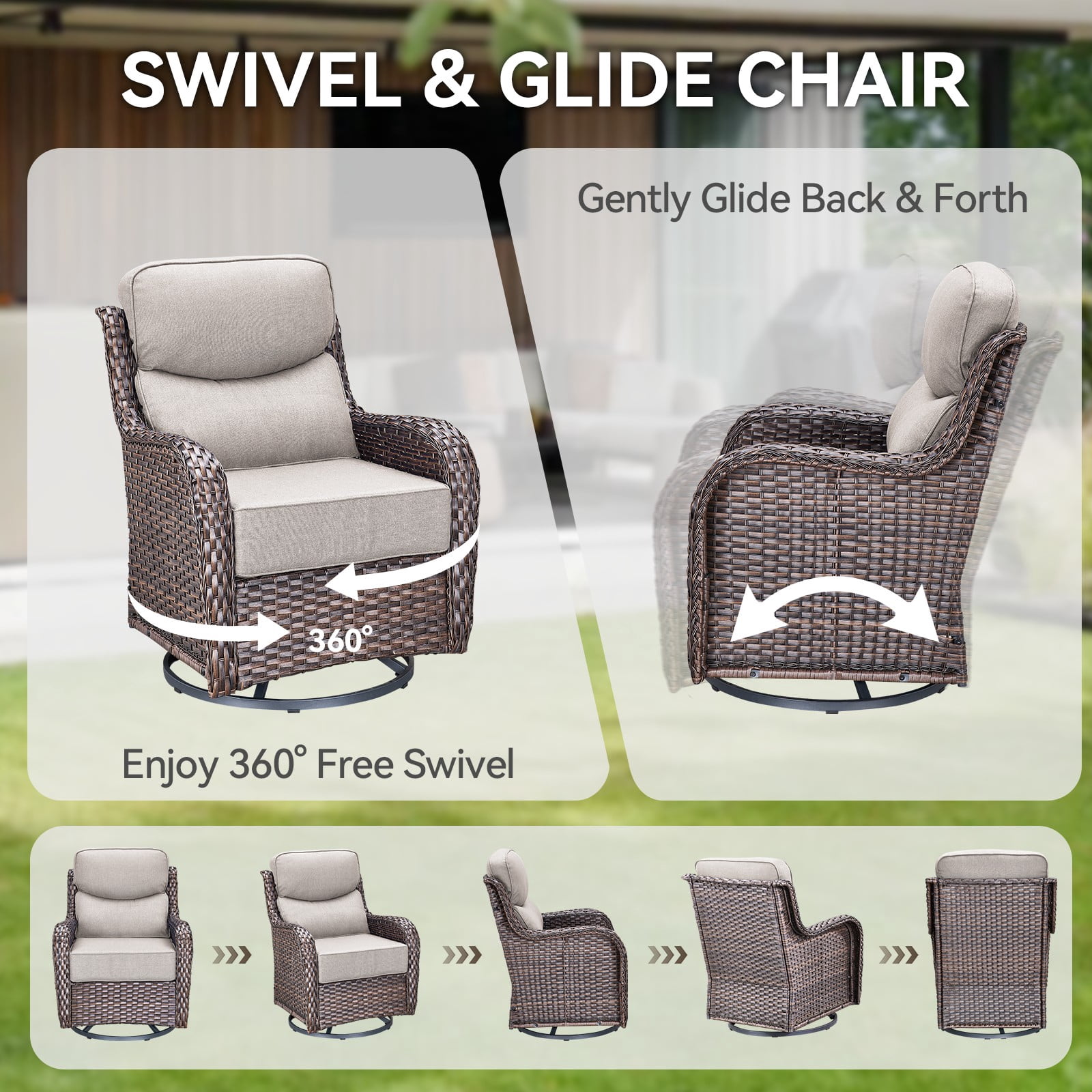 Gymojoy 3 Pieces Patio Furniture Set, Outdoor Swivel Glider Rocker, Wicker Patio Bistro Set with Rocking Chair, 6-inch Thick Cushions and Side Table for Porch