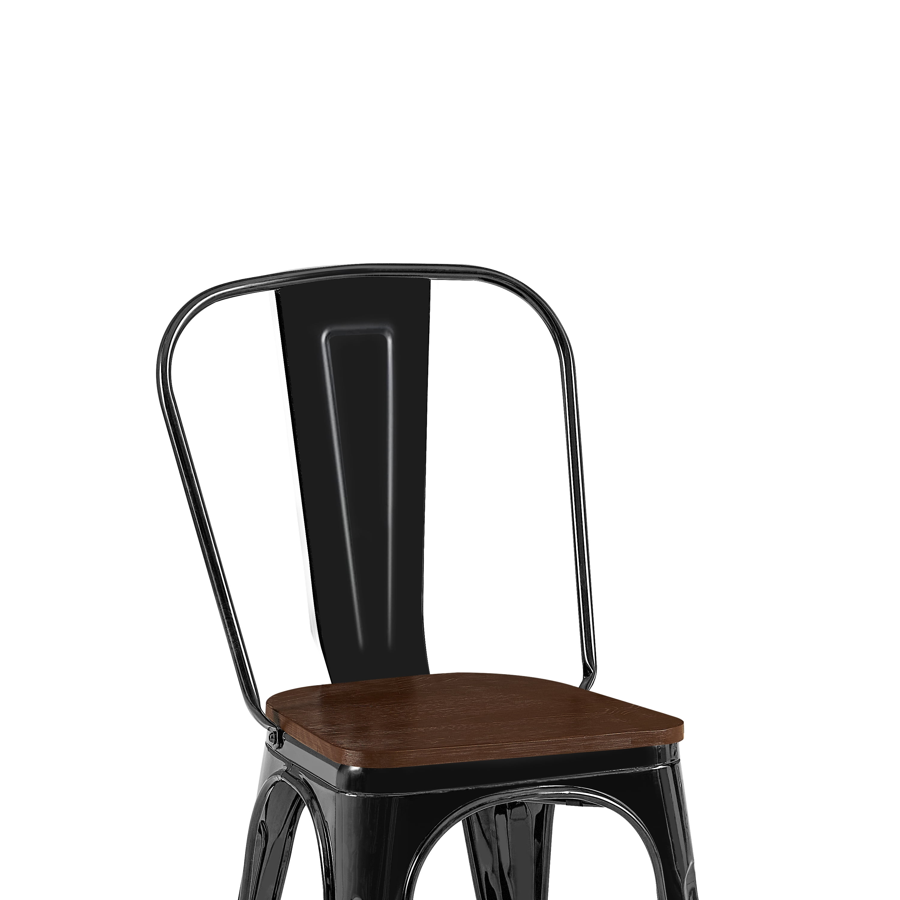 High Gloss Black with Walnut Wooden Seat Industrial Metal Dining Chairs 18 Inch Seat Height Stackable, Set of 2