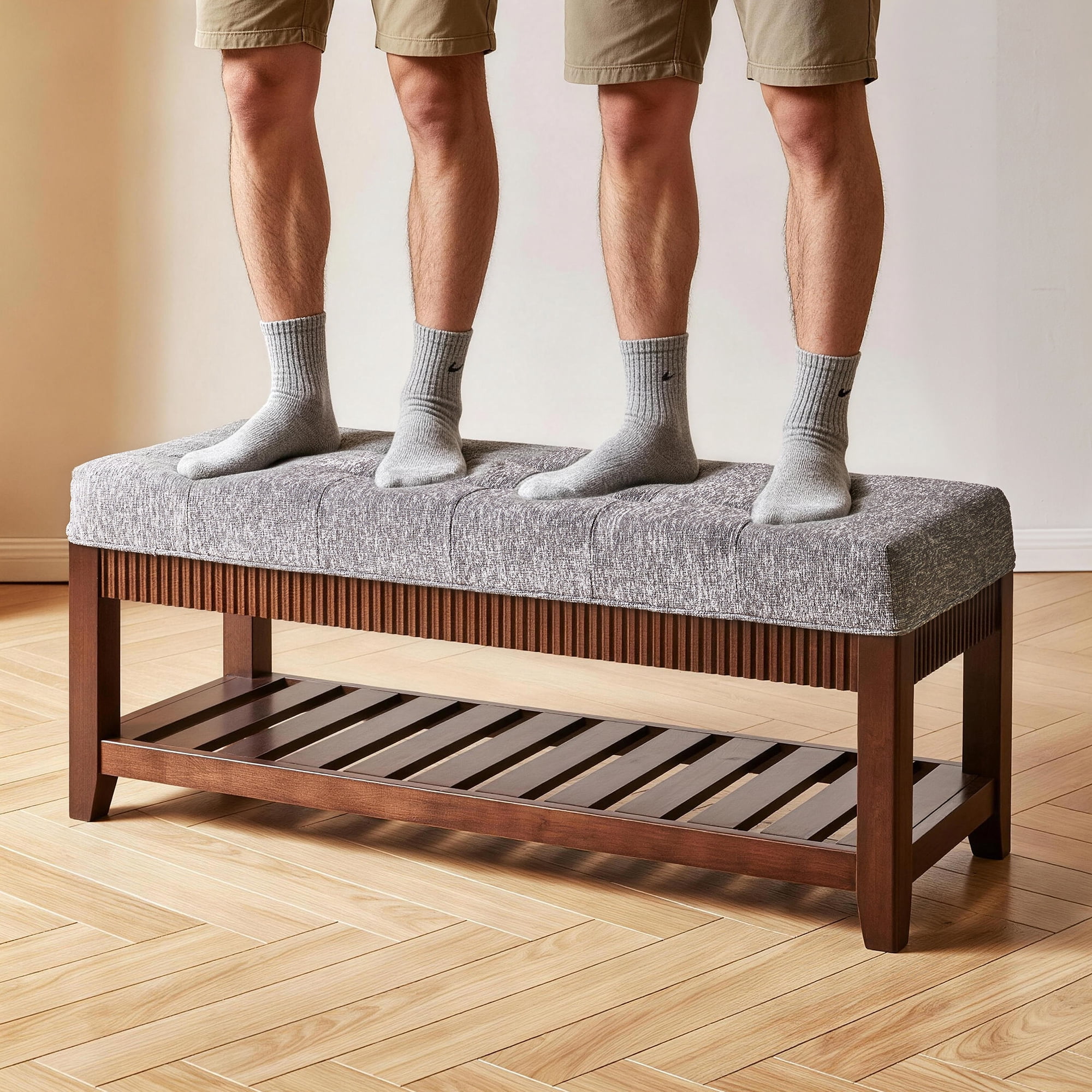 Solid Wood Entryway Bench, Solid Rubber Wood Shoe Bench with Padded Cushion and Lower Shoe Rack, Upholstered Storage Bench for Foyer Hallway Living Room