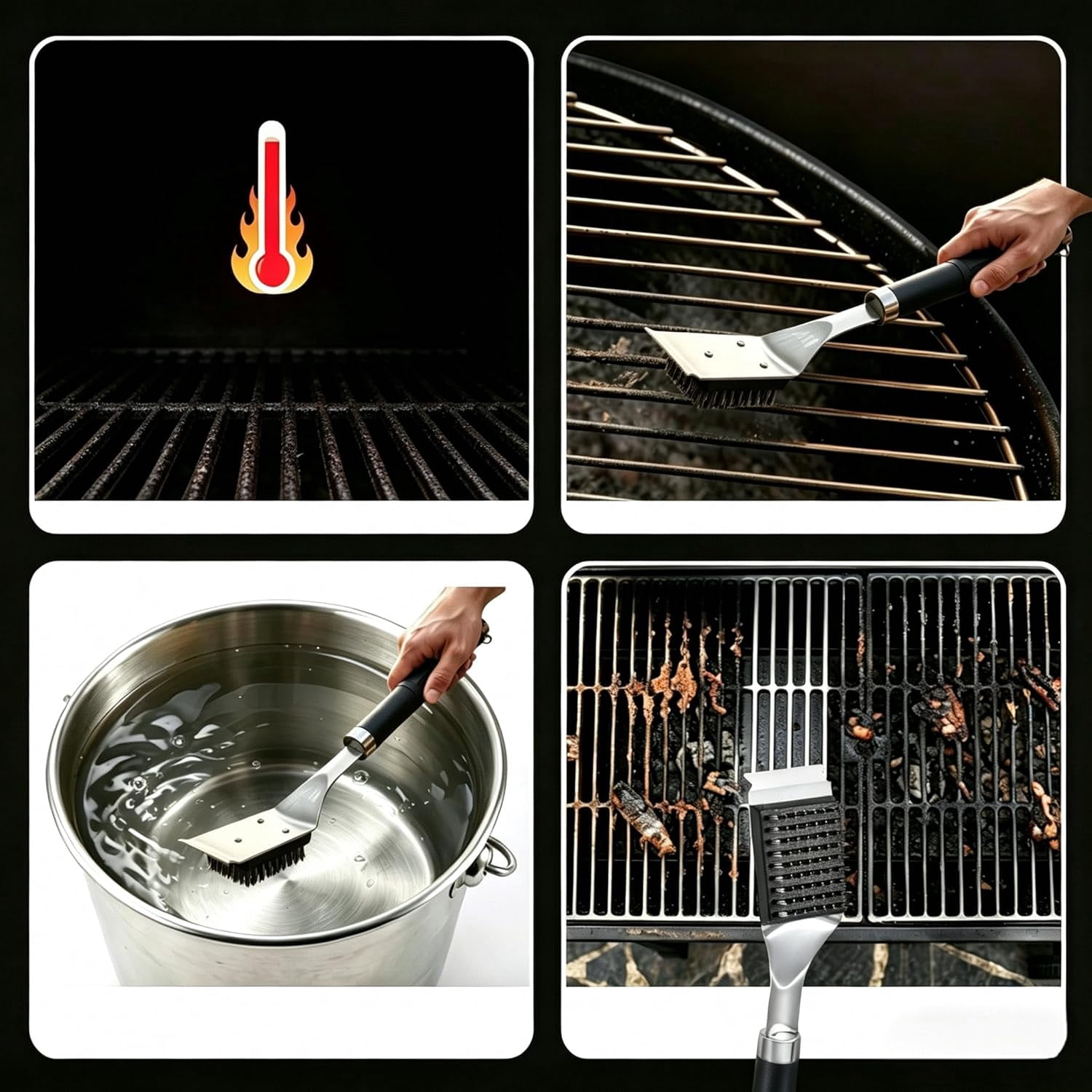 BBQ Grill Cleaning Brush with Scraper, 17'' Stainless Steel Grate Cleaner 2 Replaceable Bristles Heads, Safe Accessories for Charcoal & Electric Grills