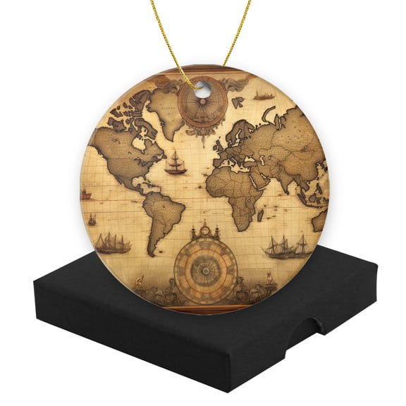 Christmas Ornament Round Ceramic Keepsake Holiday Present Christmas Decoration for Tree 2.95inWorld Map With Old-Fashioned Compass And Ships