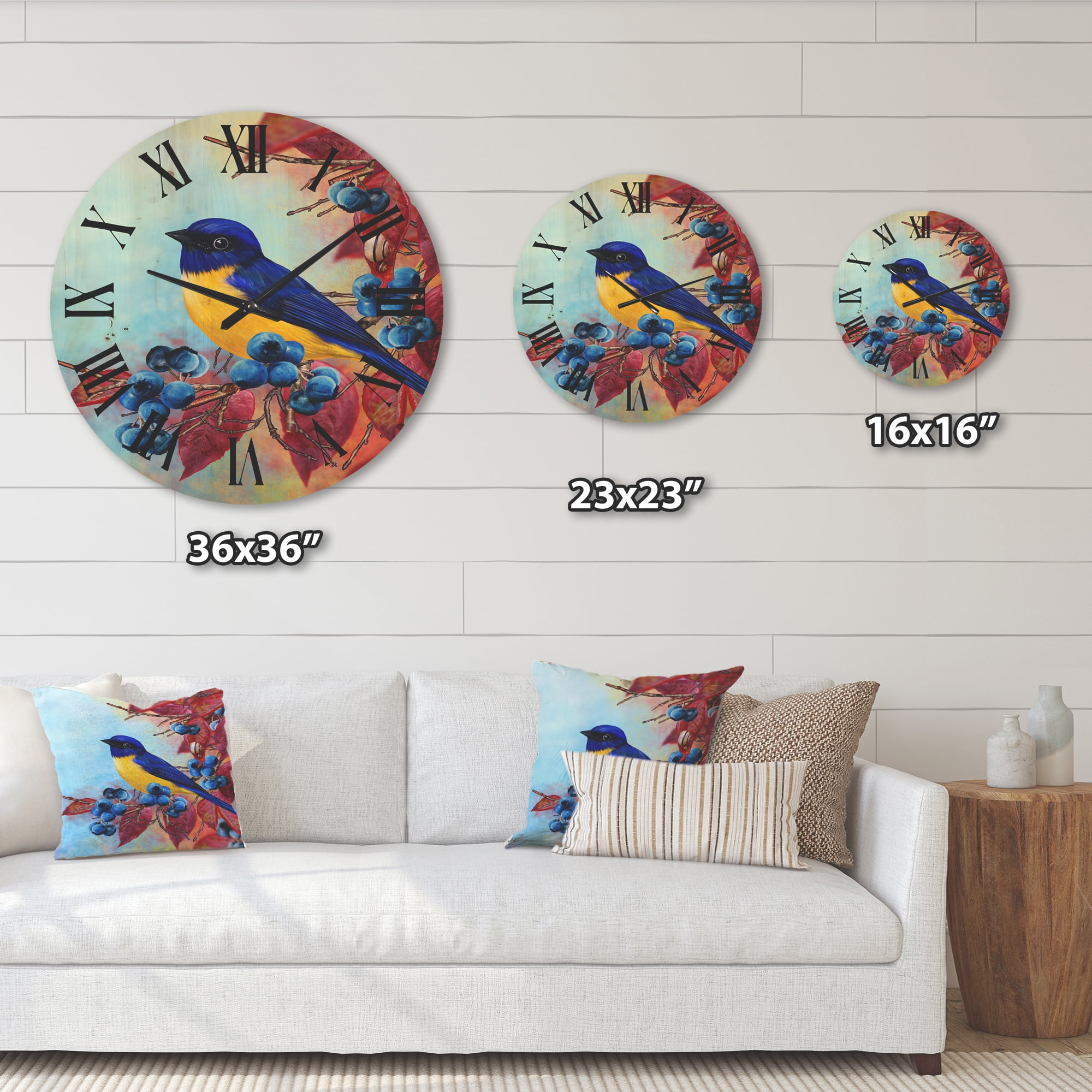 Designart 'Bright Bird Bullfinch Sitting On A Branch of Berries I' Traditional Wood Wall Clock