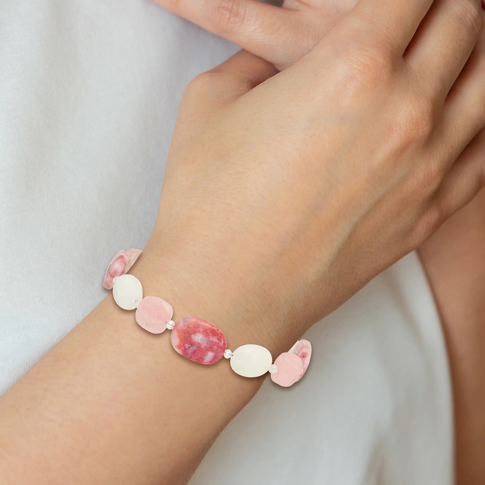Diamond2Deal 925 Sterling Silver Pink Agate/Quartz, Jade, Crystal w/1in ext Bracelet for Women 8.75"