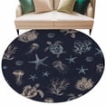 thumbnail image 2 of 5ft Round Rug, Navy Blue Coastal Non-Skid Rubber Backing Large Area Rugs - Living Room Bedroom Home Office, Nautical Summer Beach Sea Turtle Starfish Indoor Floor Mat Carpets Washable Rug, 2 of 9