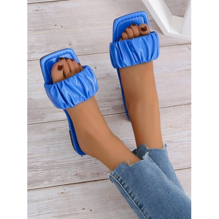 

Women s Ruched Detail Open Toe Flat Slide Sandals Casual Summer Fashion Walking Slippers Shoes Blue CN36(6)