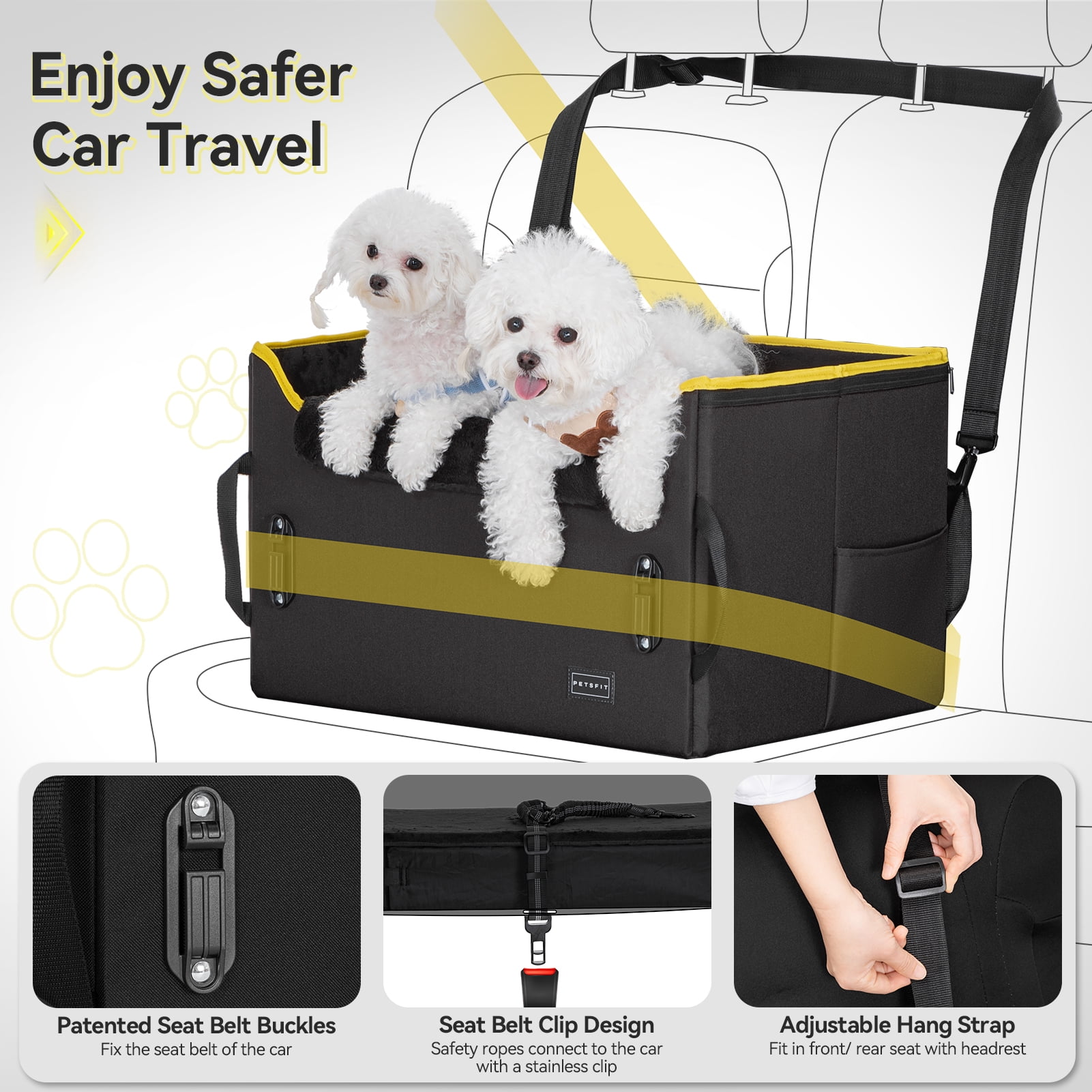 PETSFIT Dog Car Seat , Dog Car Seat for Medium Dog with 2 Clip-On Safety Leashes and Patented Buckles, Under 45Lbs (Black)