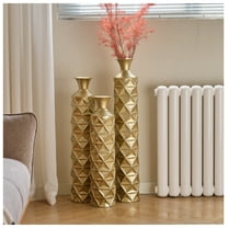 Gold Metal Vases for Home Decor - Set of 3 Tall Geometric Cylinder Vases - 33.5", 29.5", 25.2" - Distressed Finish Centerpieces Antique Gold   American Design,American Traditional,Antique,Art Deco